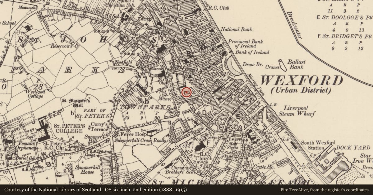 Ordnance Survey six-inch map, 2nd edition (1888–1915) covering the location of Church, Wexford, with a pin at the register's coordinates