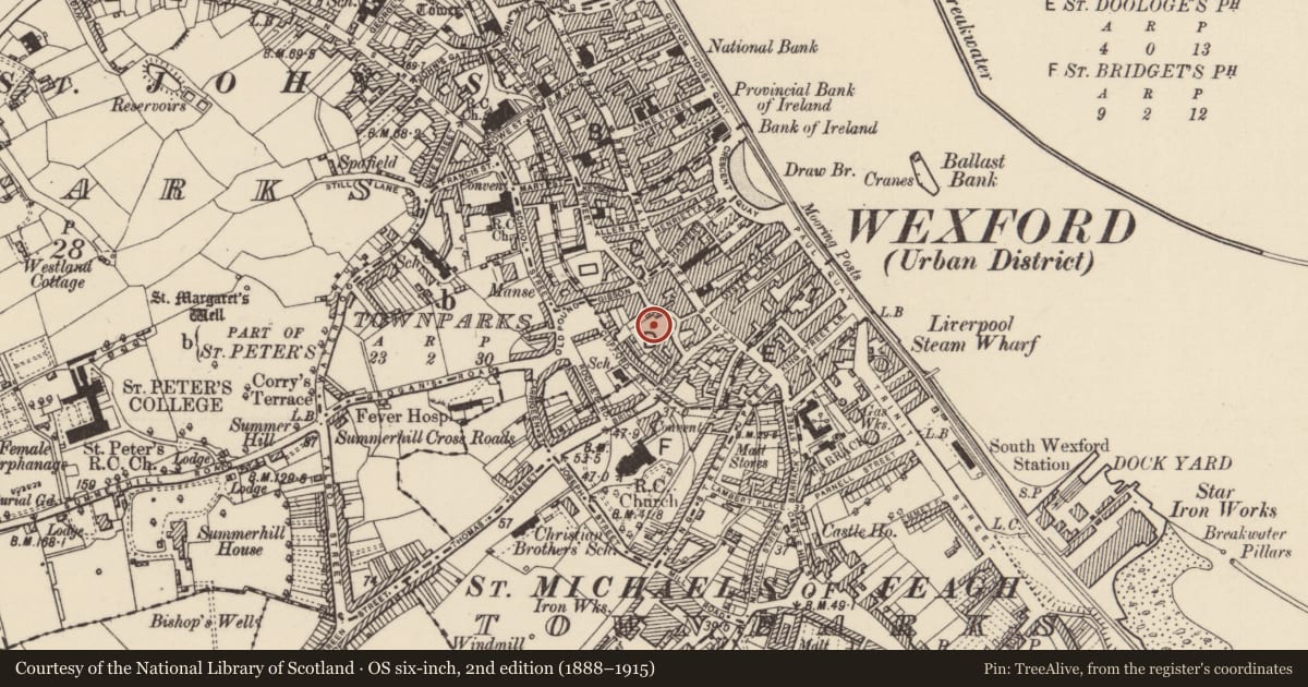 Ordnance Survey six-inch map, 2nd edition (1888–1915) covering the location of Church, Wexford, with a pin at the register's coordinates