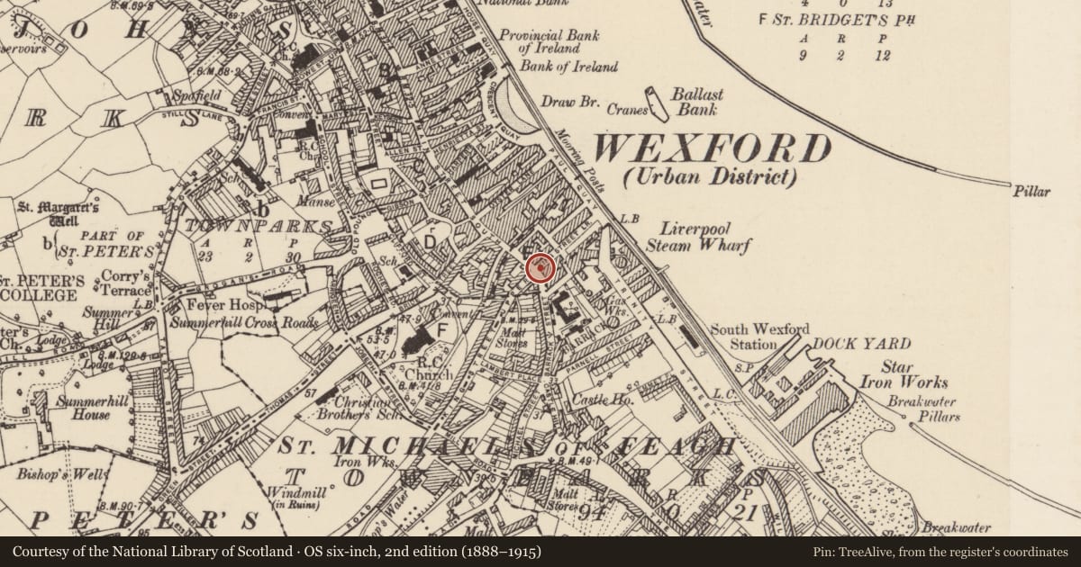 Ordnance Survey six-inch map, 2nd edition (1888–1915) covering the location of Church, Wexford, with a pin at the register's coordinates