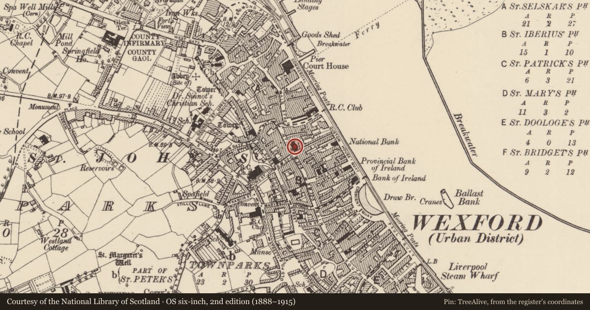 Ordnance Survey six-inch map, 2nd edition (1888–1915) covering the location of Church, Wexford, with a pin at the register's coordinates