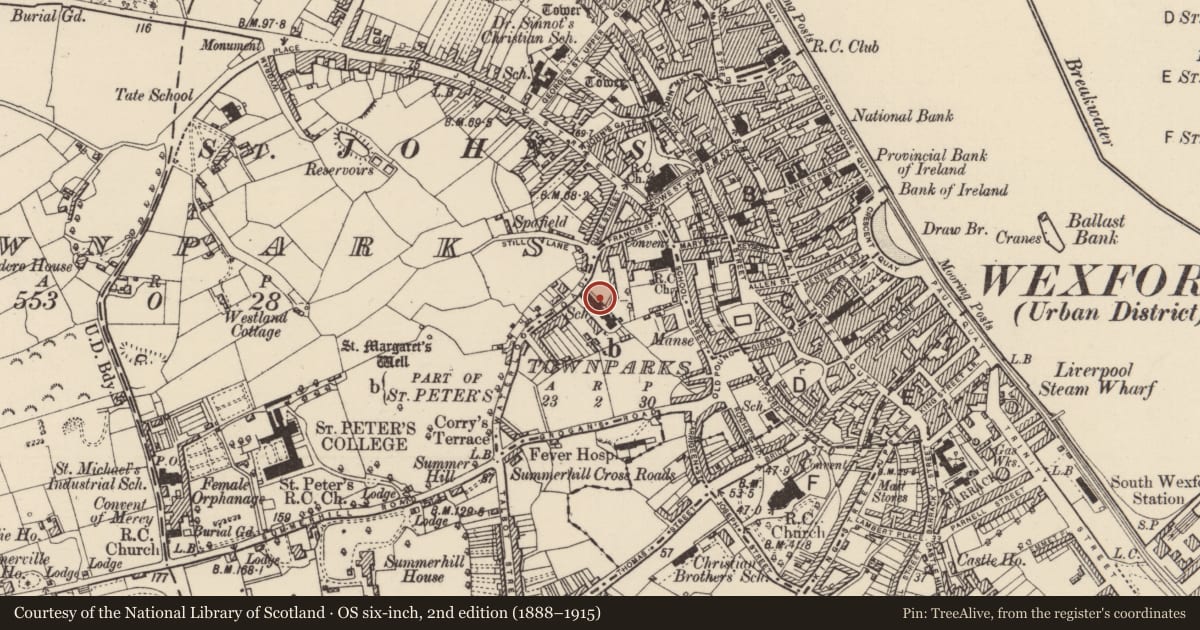 Ordnance Survey six-inch map, 2nd edition (1888–1915) covering the location of Field boundary, Townparks (St. Peter's Par.) (Part of ), County Wexford, with a pin at the register's coordinates