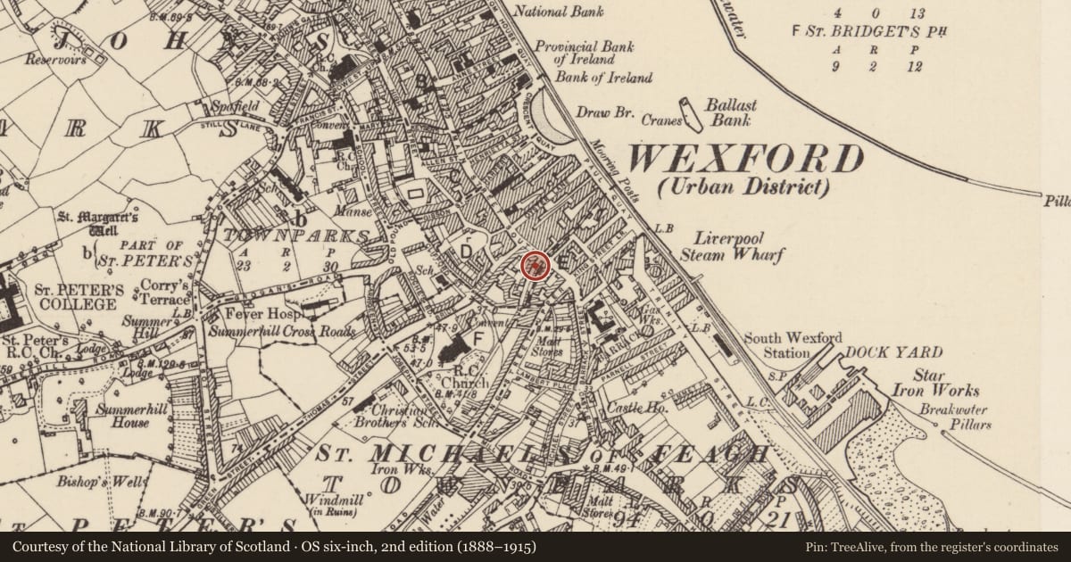 Ordnance Survey six-inch map, 2nd edition (1888–1915) covering the location of Midden, Wexford, with a pin at the register's coordinates