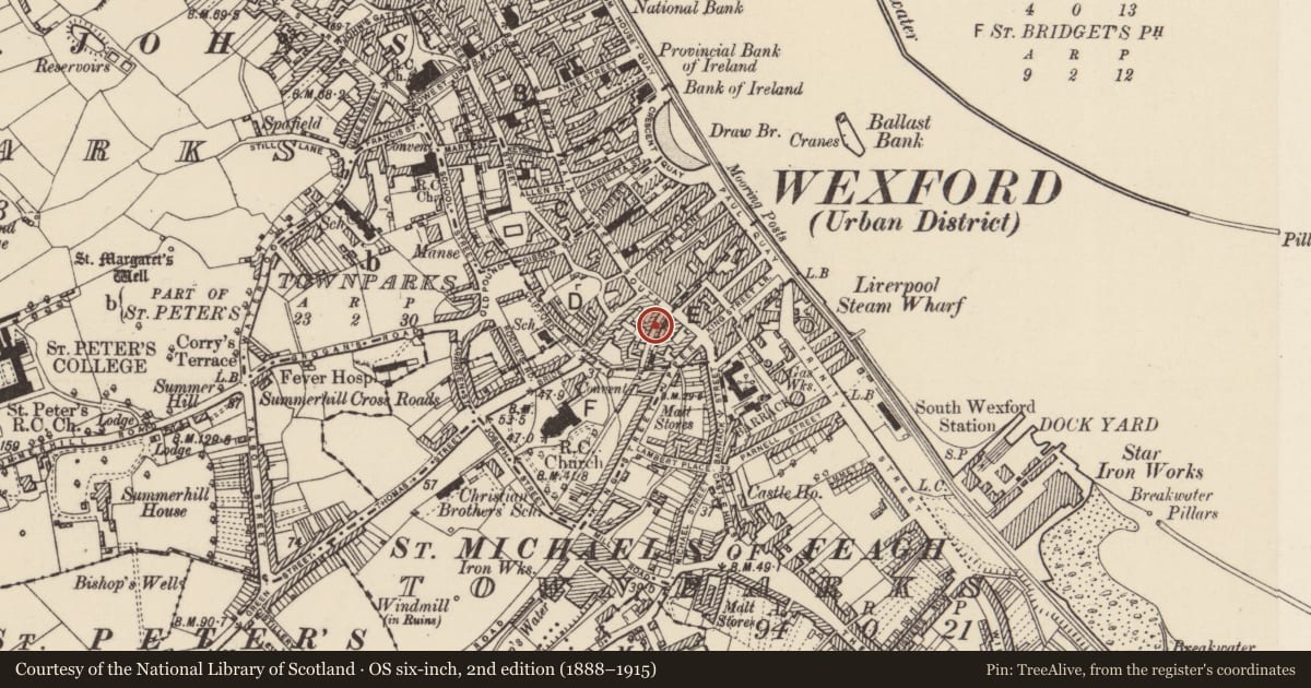 Ordnance Survey six-inch map, 2nd edition (1888–1915) covering the location of Midden, Wexford, with a pin at the register's coordinates