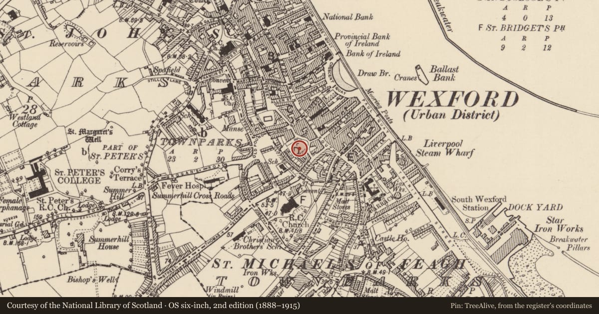 Ordnance Survey six-inch map, 2nd edition (1888–1915) covering the location of Graveyard, Wexford, with a pin at the register's coordinates