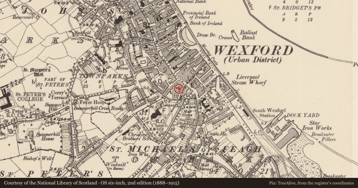 Ordnance Survey six-inch map, 2nd edition (1888–1915) covering the location of Structure, Wexford, with a pin at the register's coordinates