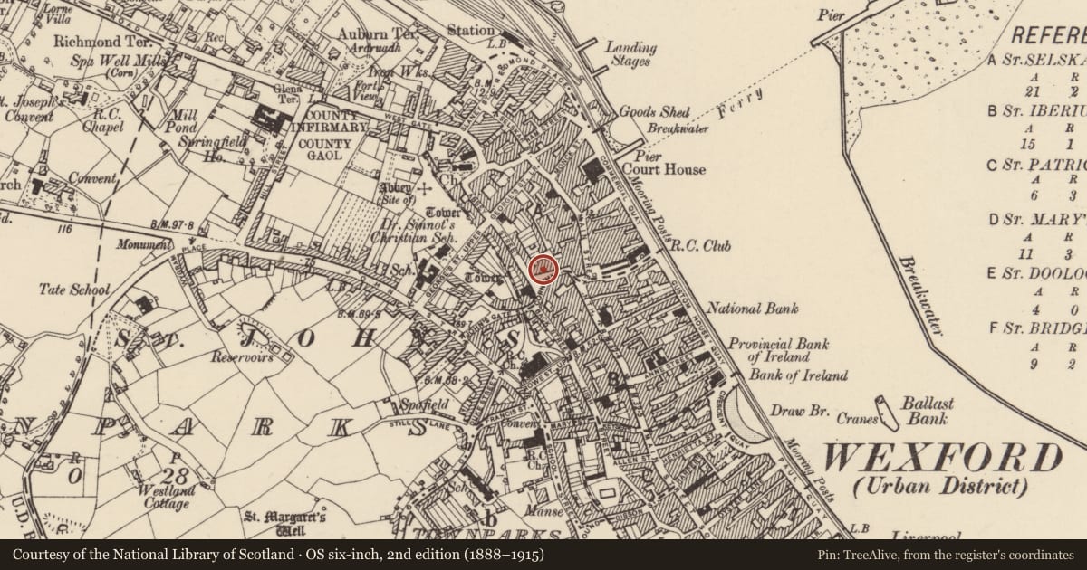 Ordnance Survey six-inch map, 2nd edition (1888–1915) covering the location of Structure, Wexford, with a pin at the register's coordinates