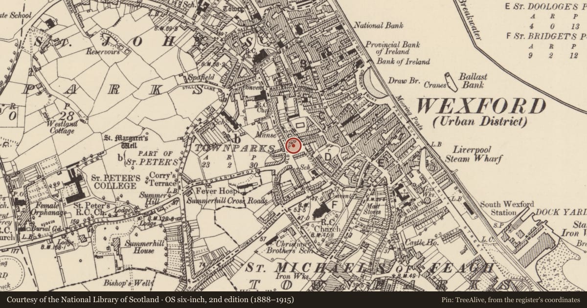 Ordnance Survey six-inch map, 2nd edition (1888–1915) covering the location of Graveyard, Townparks (St. Peter's Par.) (Part of ), County Wexford, with a pin at the register's coordinates