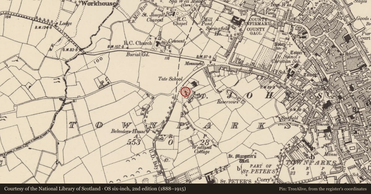 Ordnance Survey six-inch map, 2nd edition (1888–1915) covering the location of Windmill, Townparks (St. John's Par.), County Wexford, with a pin at the register's coordinates
