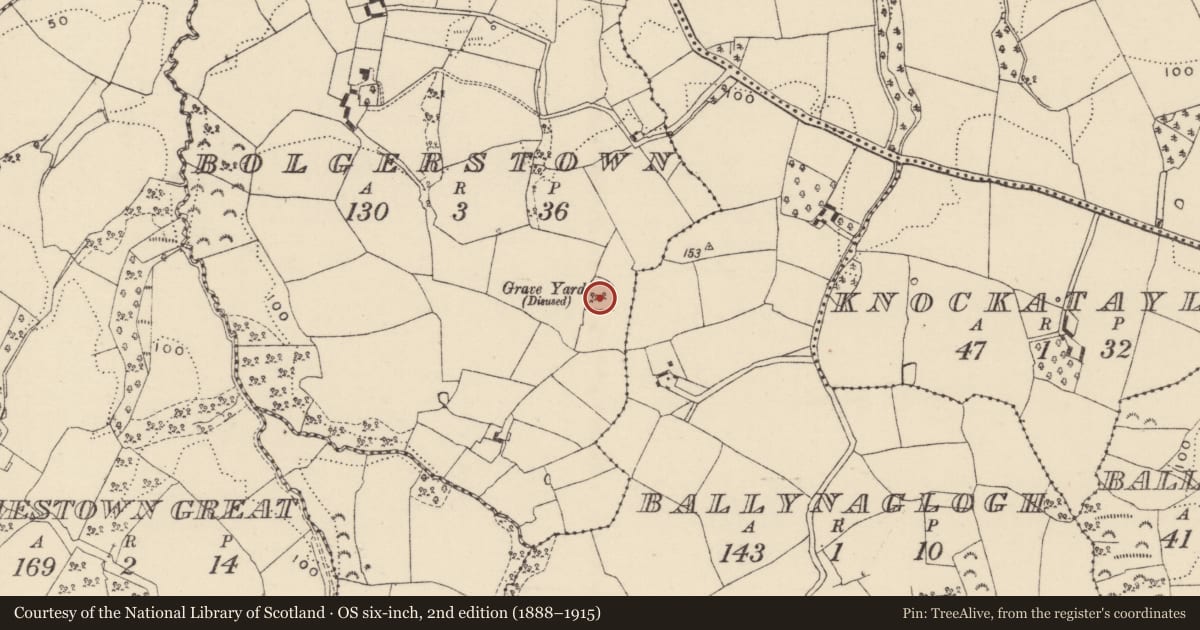 Ordnance Survey six-inch map, 2nd edition (1888–1915) covering the location of Church, Bolgerstown, County Wexford, with a pin at the register's coordinates