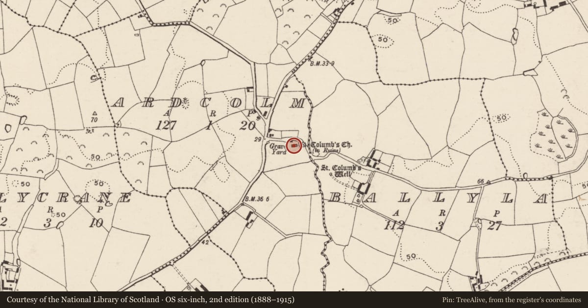Ordnance Survey six-inch map, 2nd edition (1888–1915) covering the location of Church, Ardcolm, County Wexford, with a pin at the register's coordinates