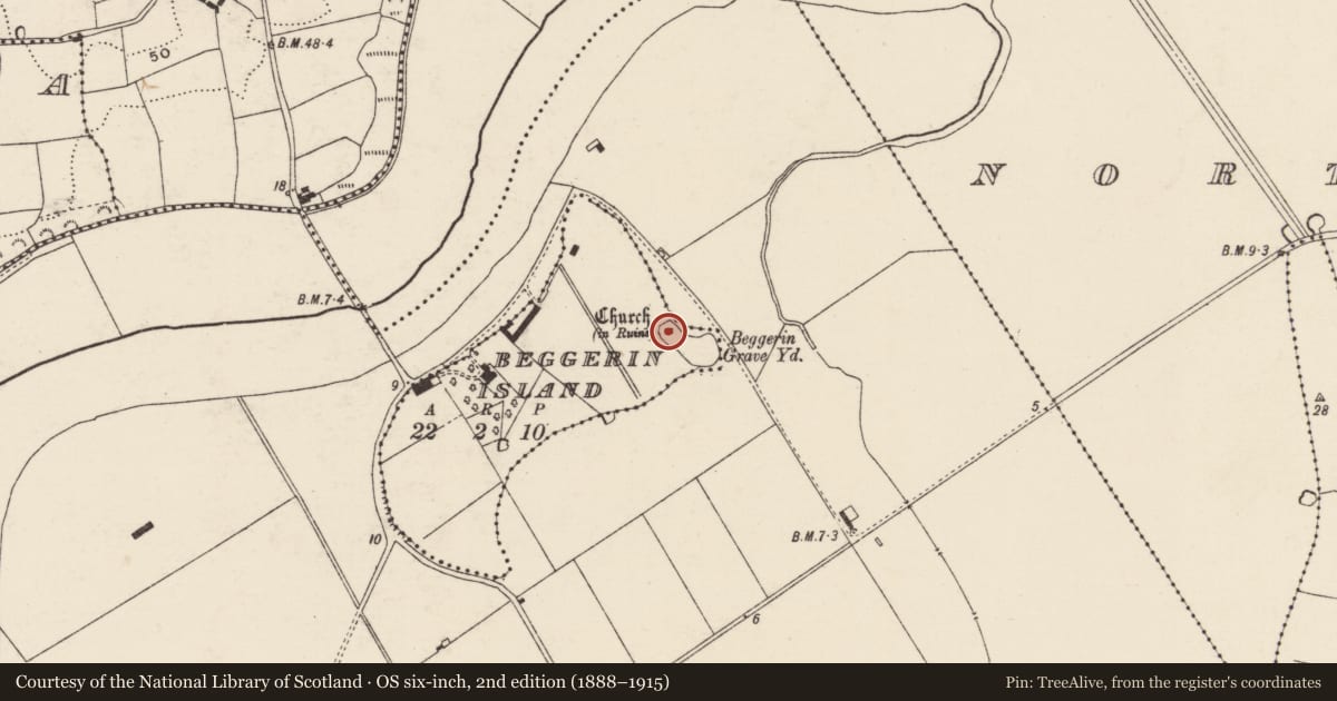 Ordnance Survey six-inch map, 2nd edition (1888–1915) covering the location of Church, Beggerin Island, County Wexford, with a pin at the register's coordinates