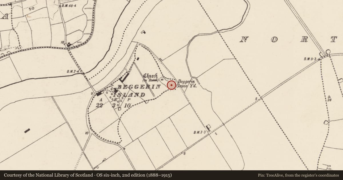 Ordnance Survey six-inch map, 2nd edition (1888–1915) covering the location of Cross-inscribed stone, Beggerin Island, County Wexford, with a pin at the register's coordinates