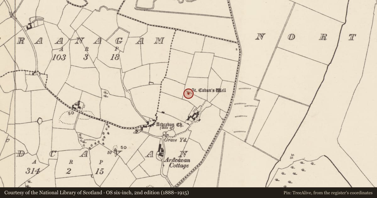 Ordnance Survey six-inch map, 2nd edition (1888–1915) covering the location of Ritual site - holy well, Ardcavan, County Wexford, with a pin at the register's coordinates