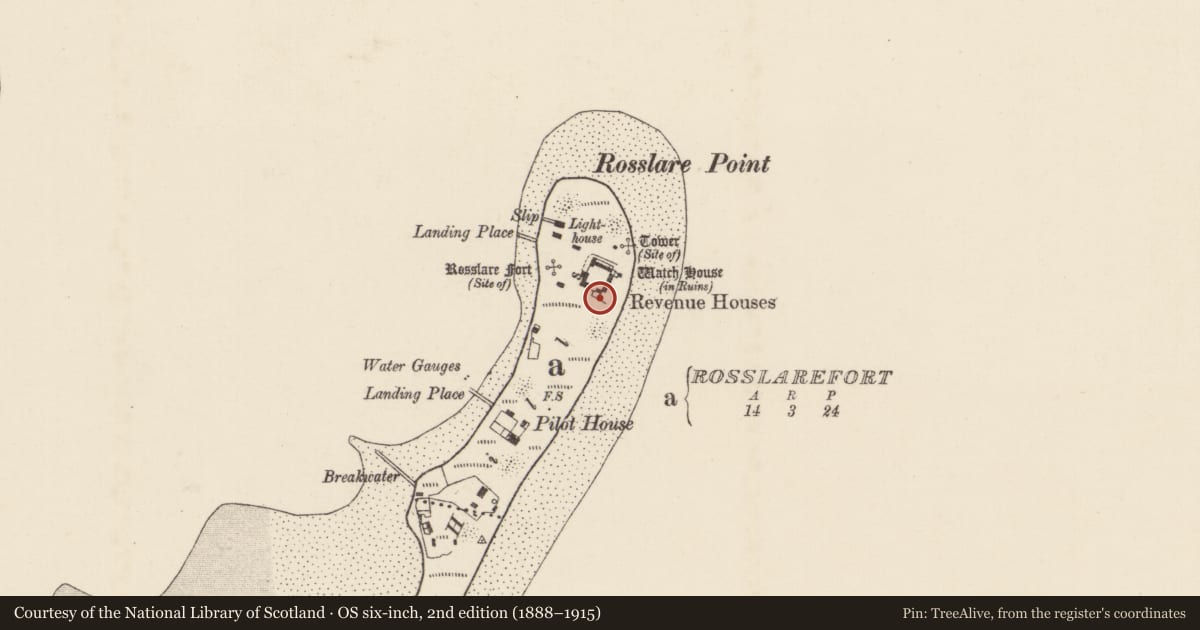 Ordnance Survey six-inch map, 2nd edition (1888–1915) covering the location of Bastioned fort, Rosslarefort, County Wexford, with a pin at the register's coordinates