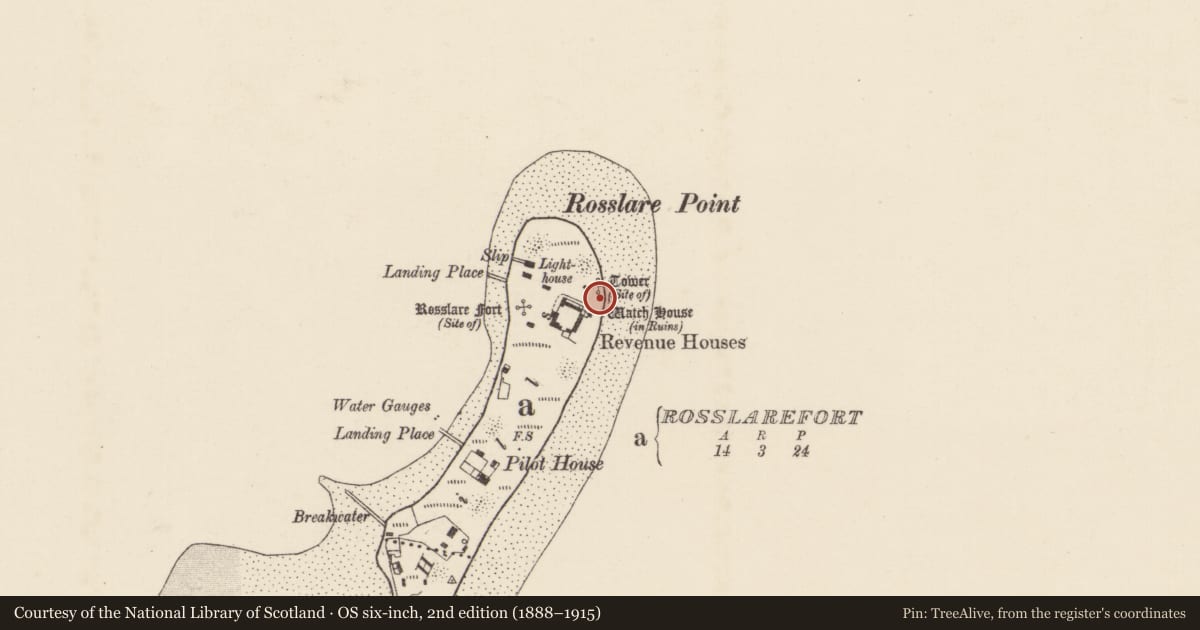 Ordnance Survey six-inch map, 2nd edition (1888–1915) covering the location of Martello tower, Rosslarefort, County Wexford, with a pin at the register's coordinates