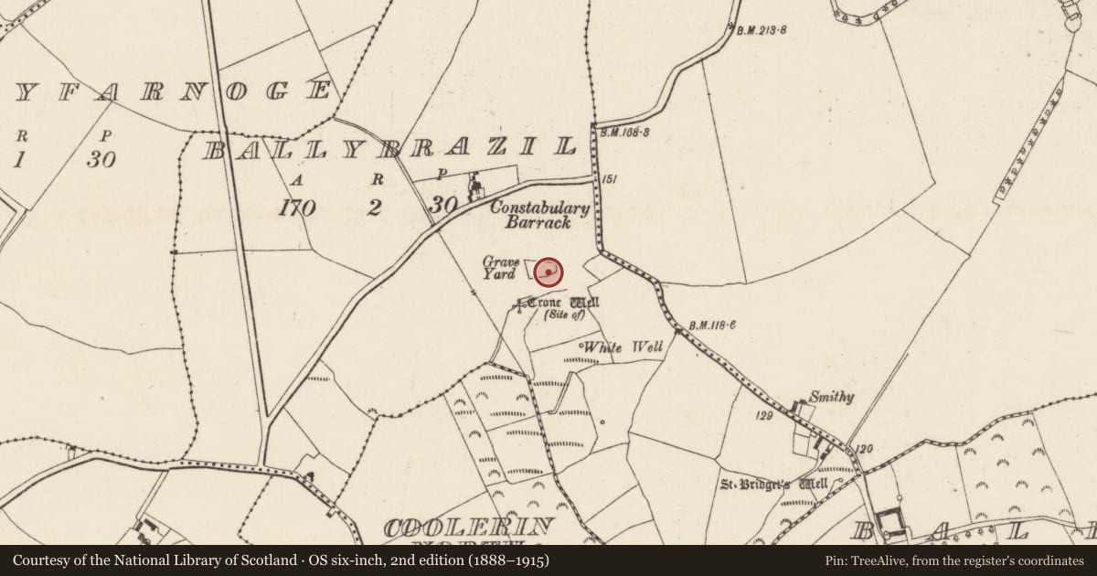 Ordnance Survey six-inch map, 2nd edition (1888–1915) covering the location of Ecclesiastical enclosure, Ballybrazil, County Wexford, with a pin at the register's coordinates