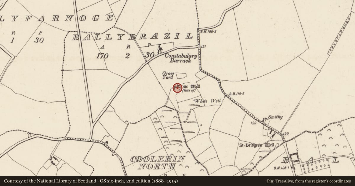 Ordnance Survey six-inch map, 2nd edition (1888–1915) covering the location of Ritual site - holy well, Ballybrazil, County Wexford, with a pin at the register's coordinates