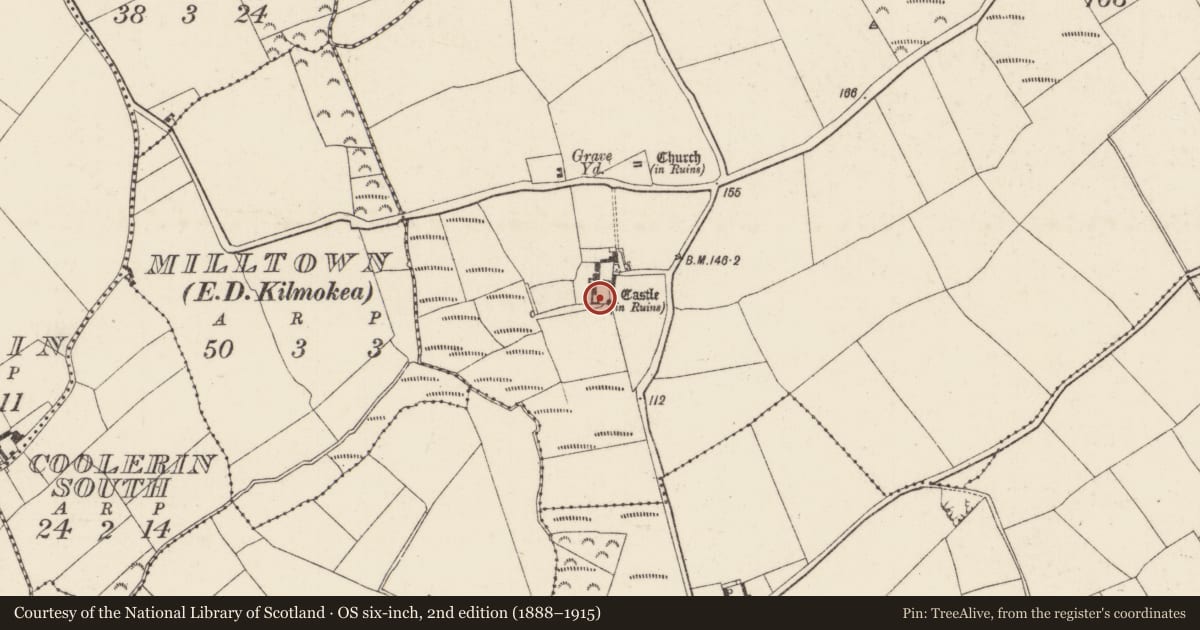Ordnance Survey six-inch map, 2nd edition (1888–1915) covering the location of House - 17th century, Ballykeerogemore, County Wexford, with a pin at the register's coordinates