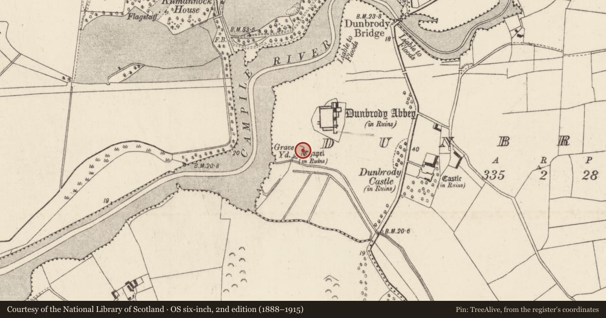 Ordnance Survey six-inch map, 2nd edition (1888–1915) covering the location of Graveyard, Dunbrody, County Wexford, with a pin at the register's coordinates
