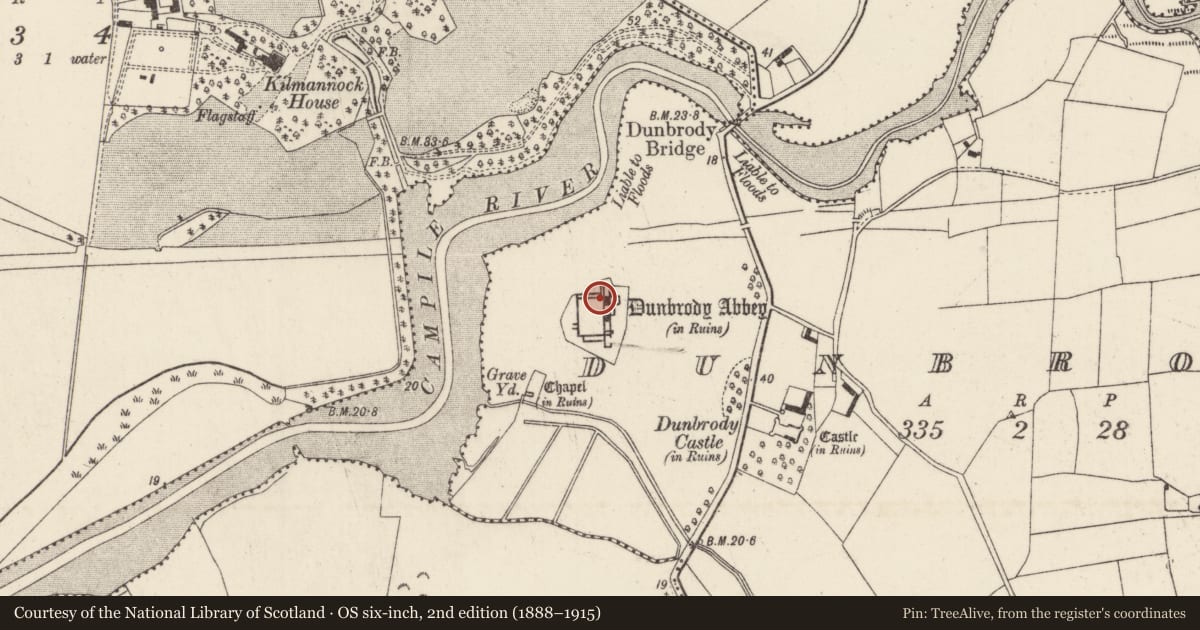 Ordnance Survey six-inch map, 2nd edition (1888–1915) covering the location of Religious house - Cistercian monks, Dunbrody, County Wexford, with a pin at the register's coordinates