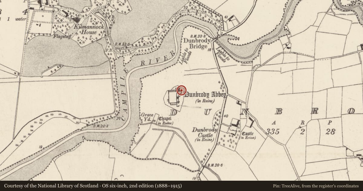 Ordnance Survey six-inch map, 2nd edition (1888–1915) covering the location of Tomb - effigial, Dunbrody, County Wexford, with a pin at the register's coordinates