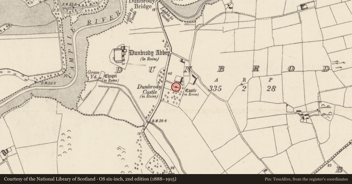 Ordnance Survey six-inch map, 2nd edition (1888–1915) covering the location of Bawn, Dunbrody, County Wexford, with a pin at the register's coordinates