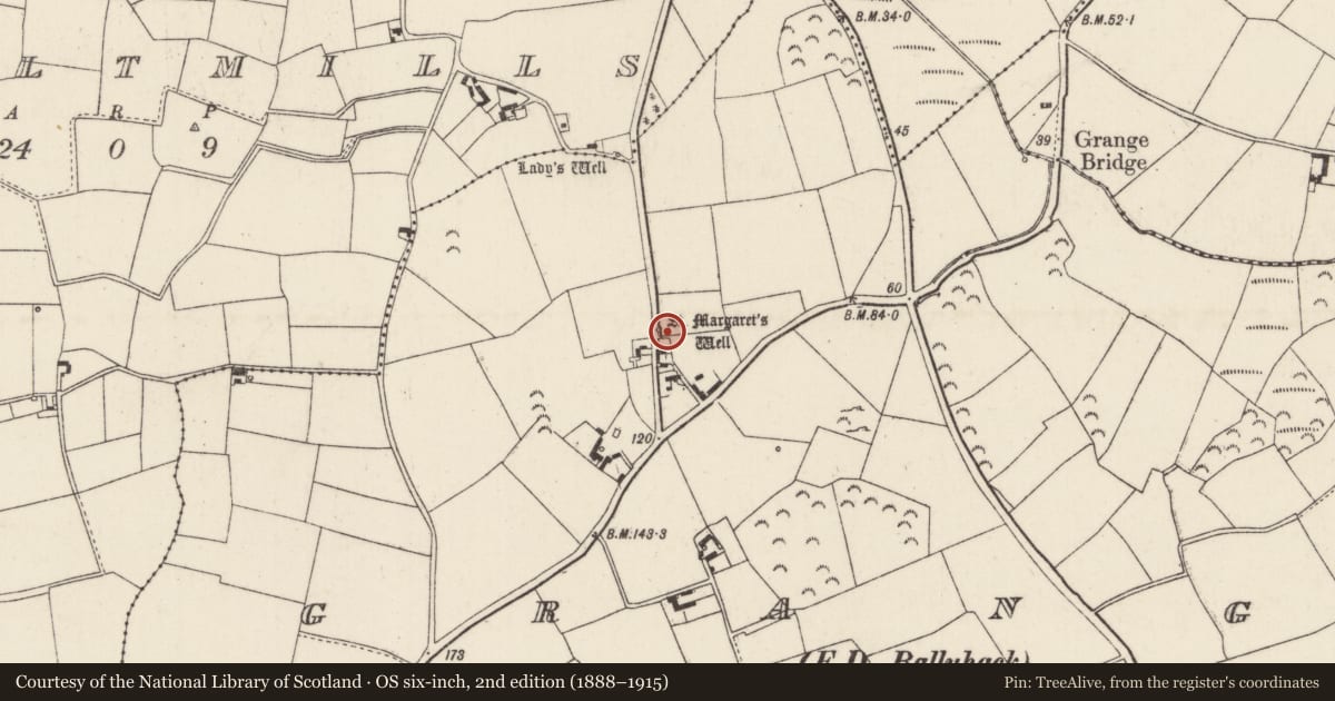 Ordnance Survey six-inch map, 2nd edition (1888–1915) covering the location of Ritual site - holy well, Grange, County Wexford, with a pin at the register's coordinates