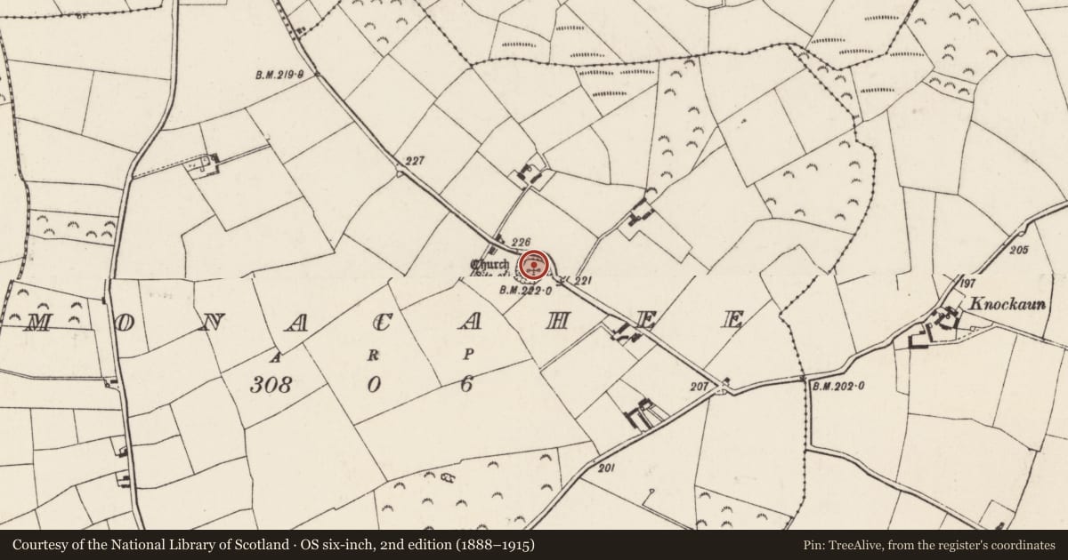 Ordnance Survey six-inch map, 2nd edition (1888–1915) covering the location of Graveyard, Monacahee, County Wexford, with a pin at the register's coordinates