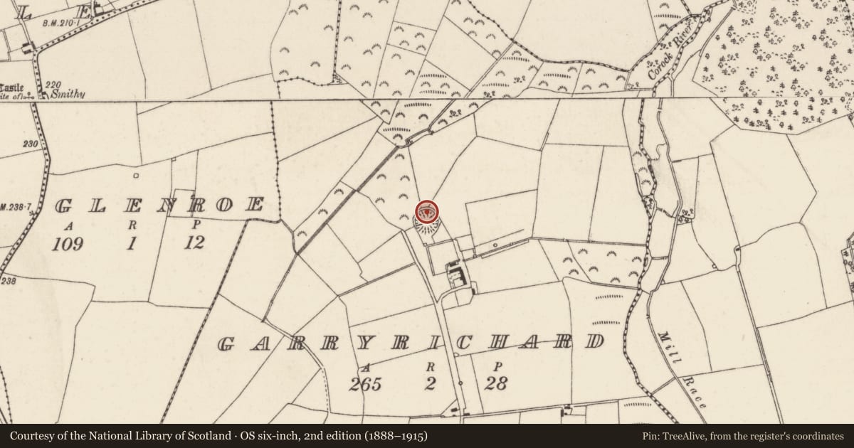 Ordnance Survey six-inch map, 2nd edition (1888–1915) covering the location of House - indeterminate date, Garryrichard, County Wexford, with a pin at the register's coordinates