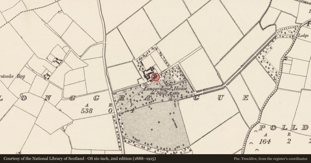 Ordnance Survey six-inch map, 2nd edition (1888–1915) covering the location of Castle - tower house, Longgraigue, County Wexford, with a pin at the register's coordinates