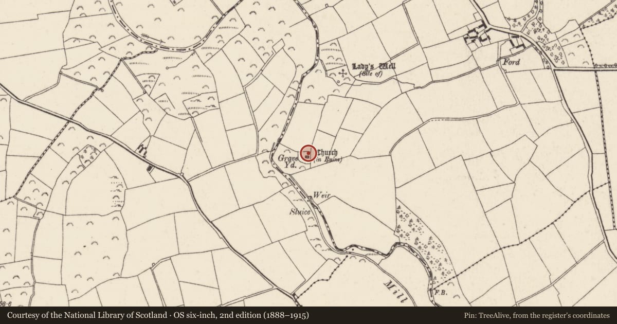 Ordnance Survey six-inch map, 2nd edition (1888–1915) covering the location of Church, Kayle, County Wexford, with a pin at the register's coordinates