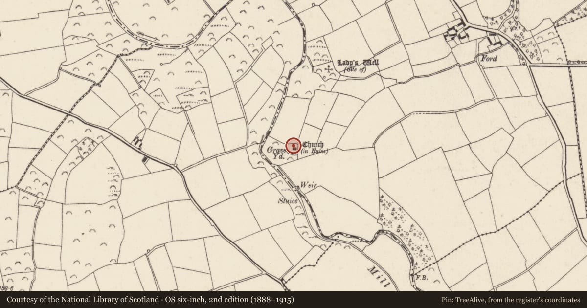 Ordnance Survey six-inch map, 2nd edition (1888–1915) covering the location of Graveyard, Kayle, County Wexford, with a pin at the register's coordinates