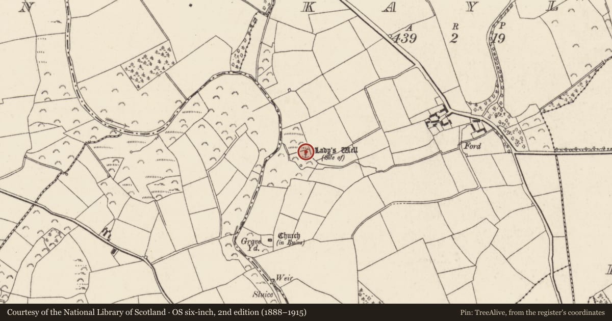 Ordnance Survey six-inch map, 2nd edition (1888–1915) covering the location of Ritual site - holy well, Kayle, County Wexford, with a pin at the register's coordinates