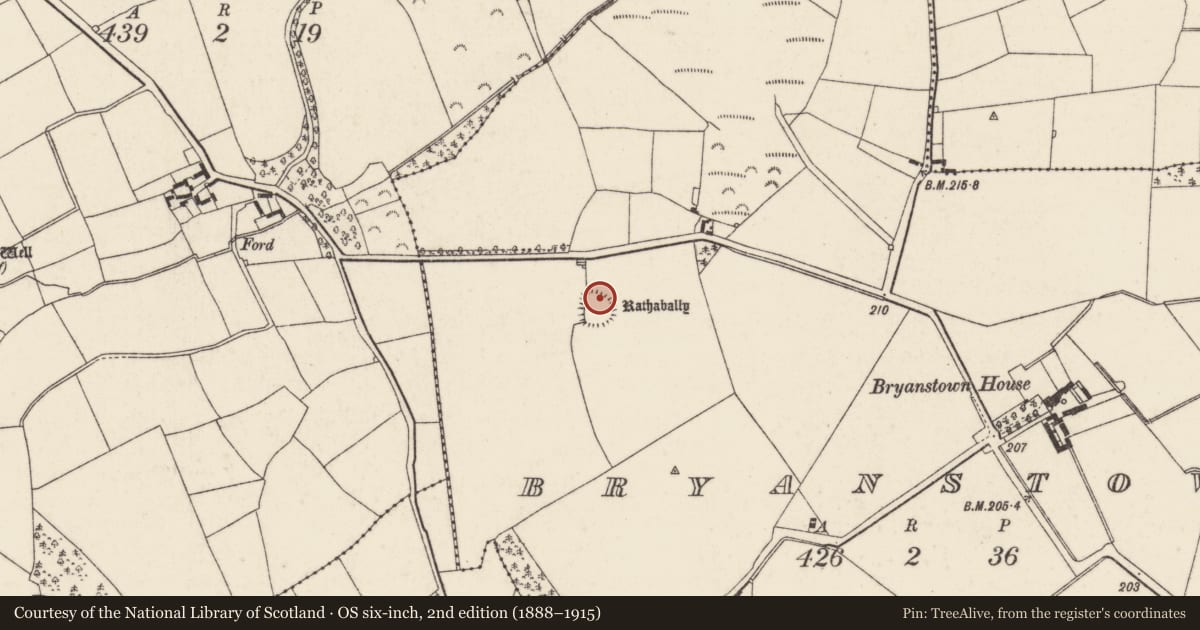 Ordnance Survey six-inch map, 2nd edition (1888–1915) covering the location of Ringfort - rath, Bryanstown, County Wexford, with a pin at the register's coordinates
