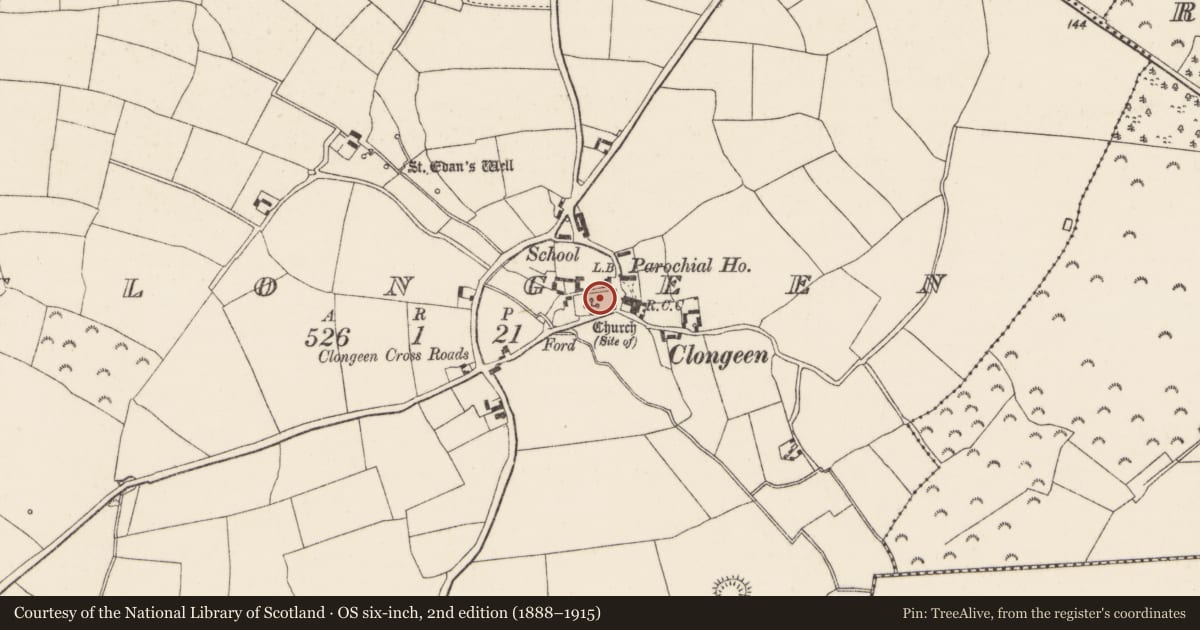 Ordnance Survey six-inch map, 2nd edition (1888–1915) covering the location of Church, Clongeen, County Wexford, with a pin at the register's coordinates