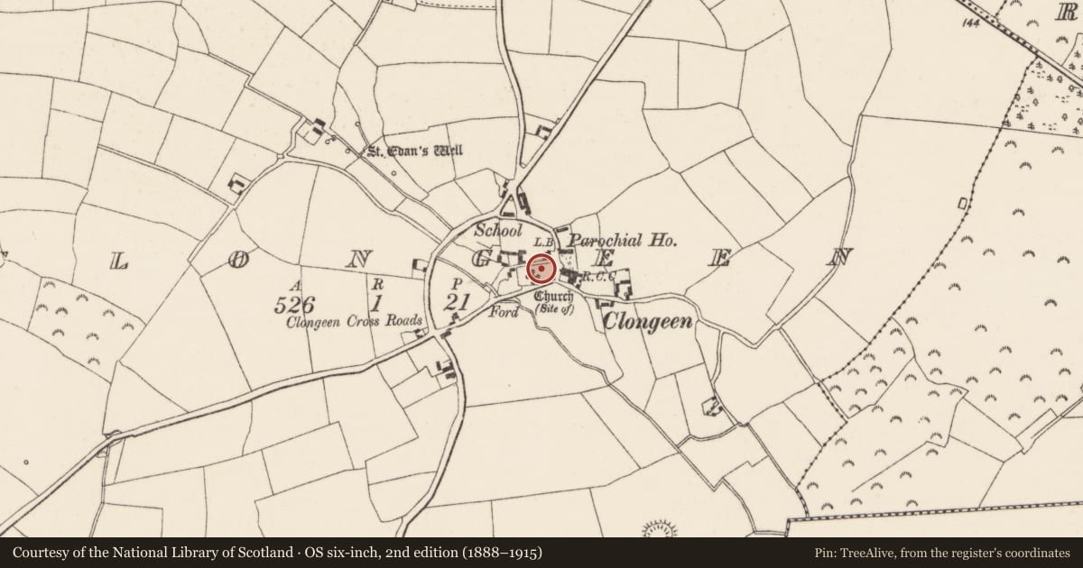 Ordnance Survey six-inch map, 2nd edition (1888–1915) covering the location of Graveyard, Clongeen, County Wexford, with a pin at the register's coordinates