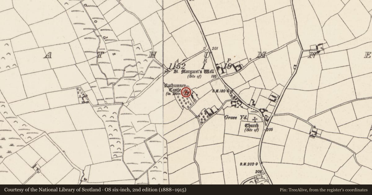 Ordnance Survey six-inch map, 2nd edition (1888–1915) covering the location of Castle - hall-house, Rathumney, County Wexford, with a pin at the register's coordinates