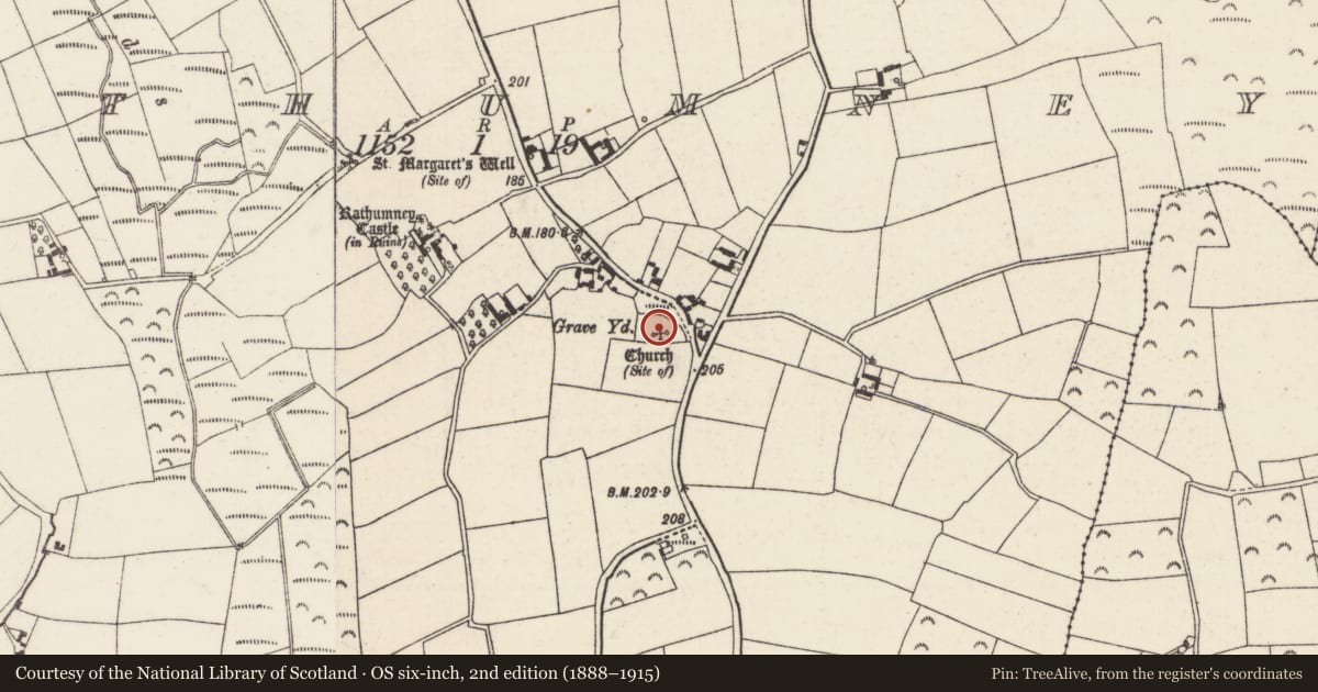 Ordnance Survey six-inch map, 2nd edition (1888–1915) covering the location of Graveyard, Rathumney, County Wexford, with a pin at the register's coordinates