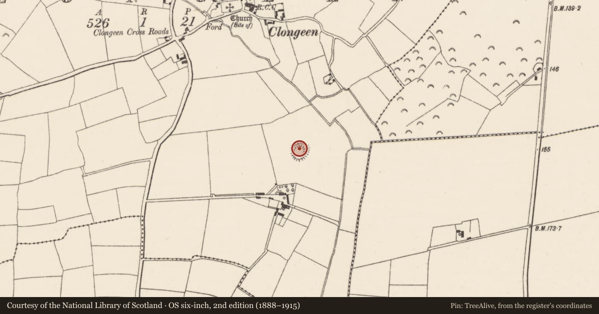Ordnance Survey six-inch map, 2nd edition (1888–1915) covering the location of Ringfort - rath, Clongeen, County Wexford, with a pin at the register's coordinates