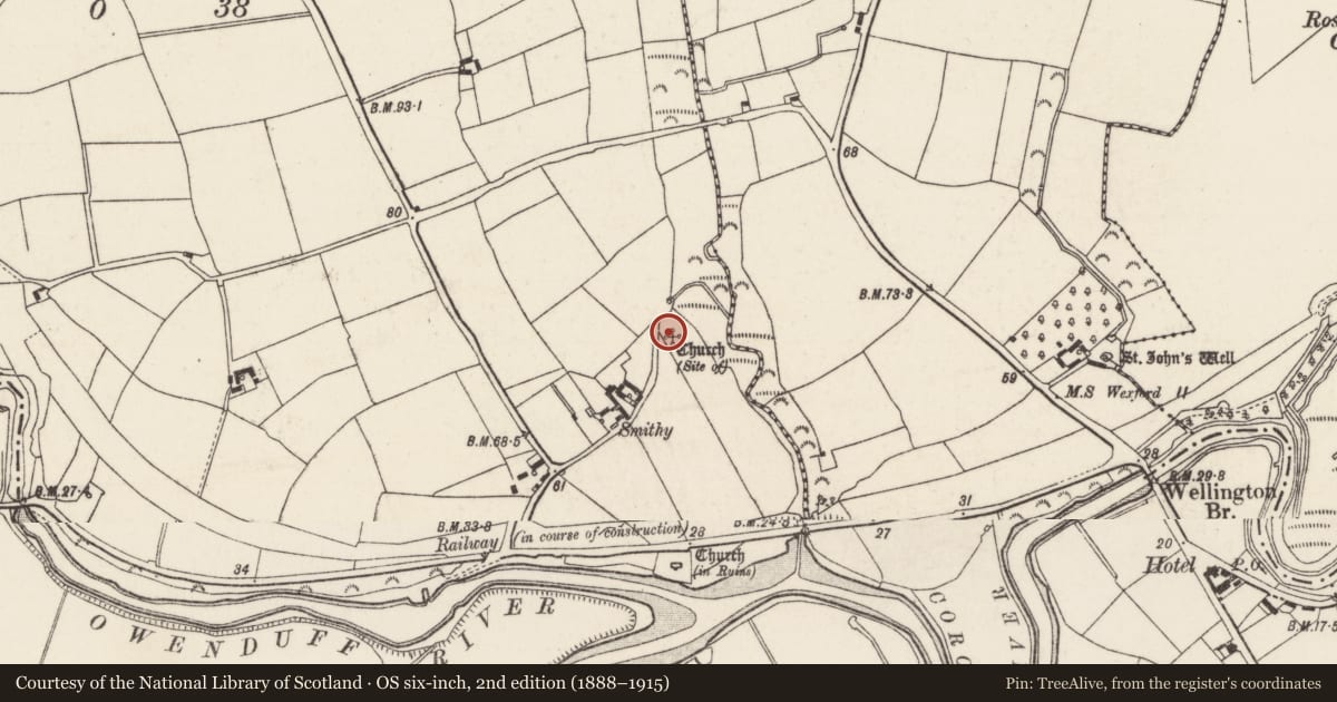 Ordnance Survey six-inch map, 2nd edition (1888–1915) covering the location of Church, Ballylannan, County Wexford, with a pin at the register's coordinates