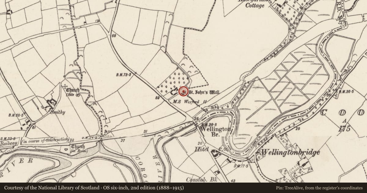 Ordnance Survey six-inch map, 2nd edition (1888–1915) covering the location of Ritual site - holy well, Ballyowen, County Wexford, with a pin at the register's coordinates