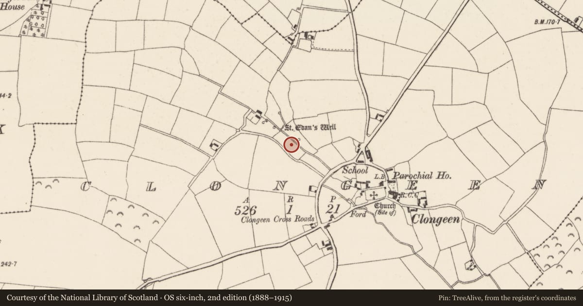 Ordnance Survey six-inch map, 2nd edition (1888–1915) covering the location of Standing stone, Clongeen, County Wexford, with a pin at the register's coordinates