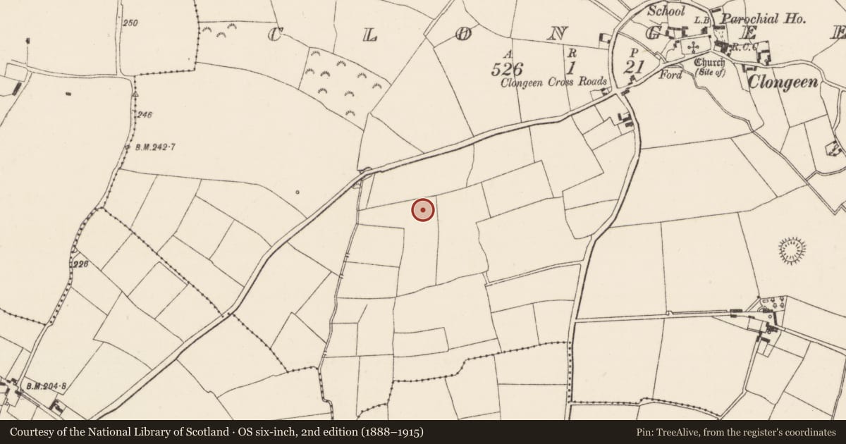 Ordnance Survey six-inch map, 2nd edition (1888–1915) covering the location of Ringfort - rath, Clongeen, County Wexford, with a pin at the register's coordinates