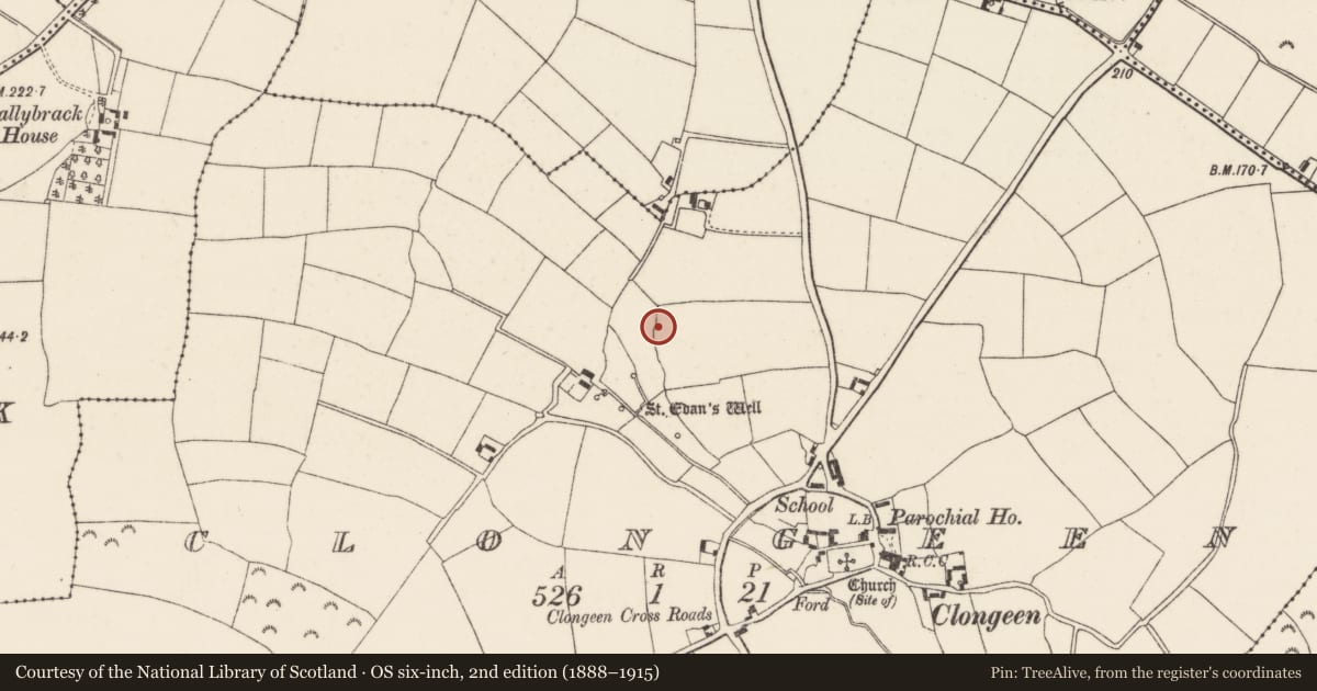 Ordnance Survey six-inch map, 2nd edition (1888–1915) covering the location of Standing stone, Clongeen, County Wexford, with a pin at the register's coordinates