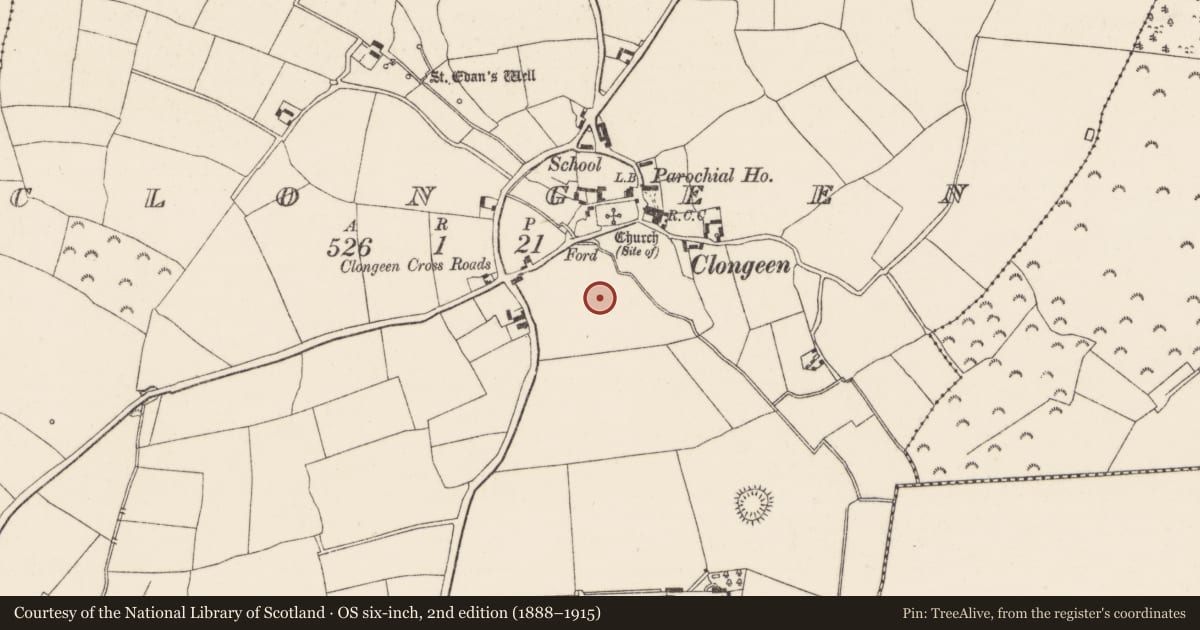 Ordnance Survey six-inch map, 2nd edition (1888–1915) covering the location of Field system, Clongeen, County Wexford, with a pin at the register's coordinates