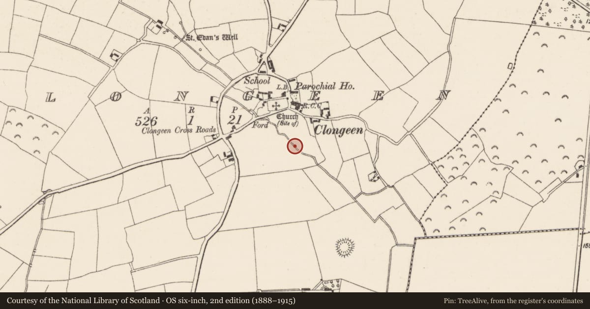 Ordnance Survey six-inch map, 2nd edition (1888–1915) covering the location of Burnt spread, Clongeen, County Wexford, with a pin at the register's coordinates