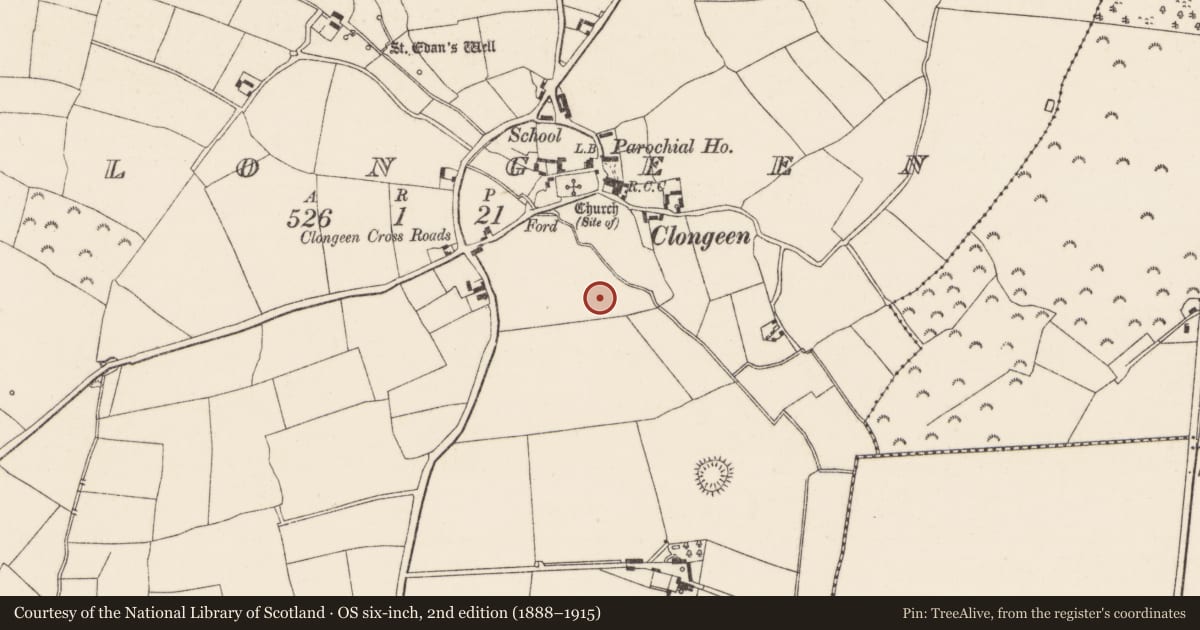 Ordnance Survey six-inch map, 2nd edition (1888–1915) covering the location of Metalworking site, Clongeen, County Wexford, with a pin at the register's coordinates