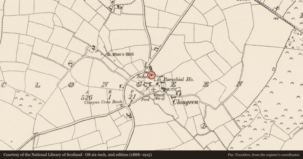 Ordnance Survey six-inch map, 2nd edition (1888–1915) covering the location of Excavation - miscellaneous, Clongeen, County Wexford, with a pin at the register's coordinates