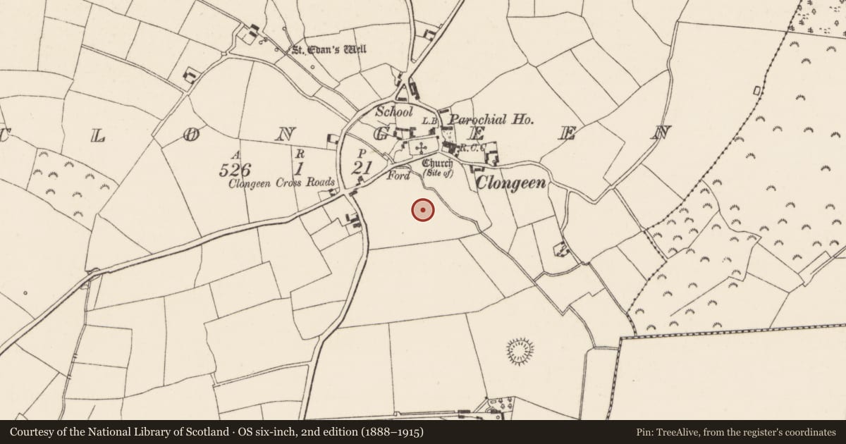 Ordnance Survey six-inch map, 2nd edition (1888–1915) covering the location of Water mill - unclassified, Clongeen, County Wexford, with a pin at the register's coordinates
