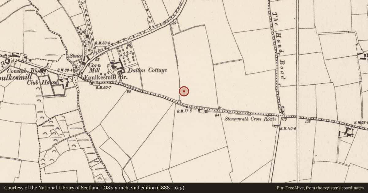 Ordnance Survey six-inch map, 2nd edition (1888–1915) covering the location of Burnt mound, Raheenduff, County Wexford, with a pin at the register's coordinates